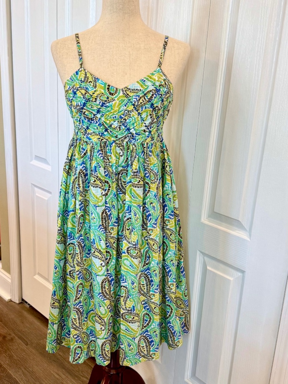 Woman's Size Small Midi Sun Dress Tropical Boho-Chic Batik Paisley, 100% Cotton